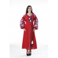 Boho Style Ukrainian Embroidered Dress "Boho Birds" white/blue on red 